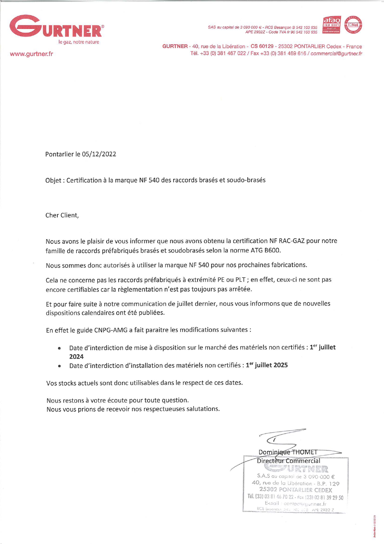 Certification NF 540 Raccords brasés et soudo-brasés